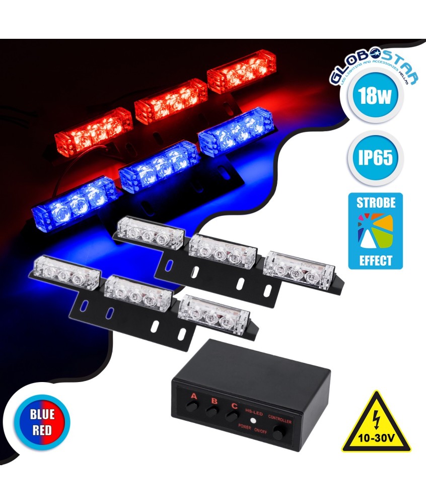 GloboStar® 85011 PRO Series ΣΕΤ 2 x Μπάρες Σήμανσης Οχήματος Αστυνομίας για Αυτοκίνητα & Φορτηγά 3 Προγραμμάτων Φωτισμού STROBE LED HIGH POWER 18W DC 10-30V Αδιάβροχο IP65 Μπλε & Κόκκινο